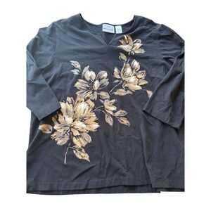 Alfred Dunner Womens Black Floral Beaded 3/4 Sleeve Split Neck Top Large